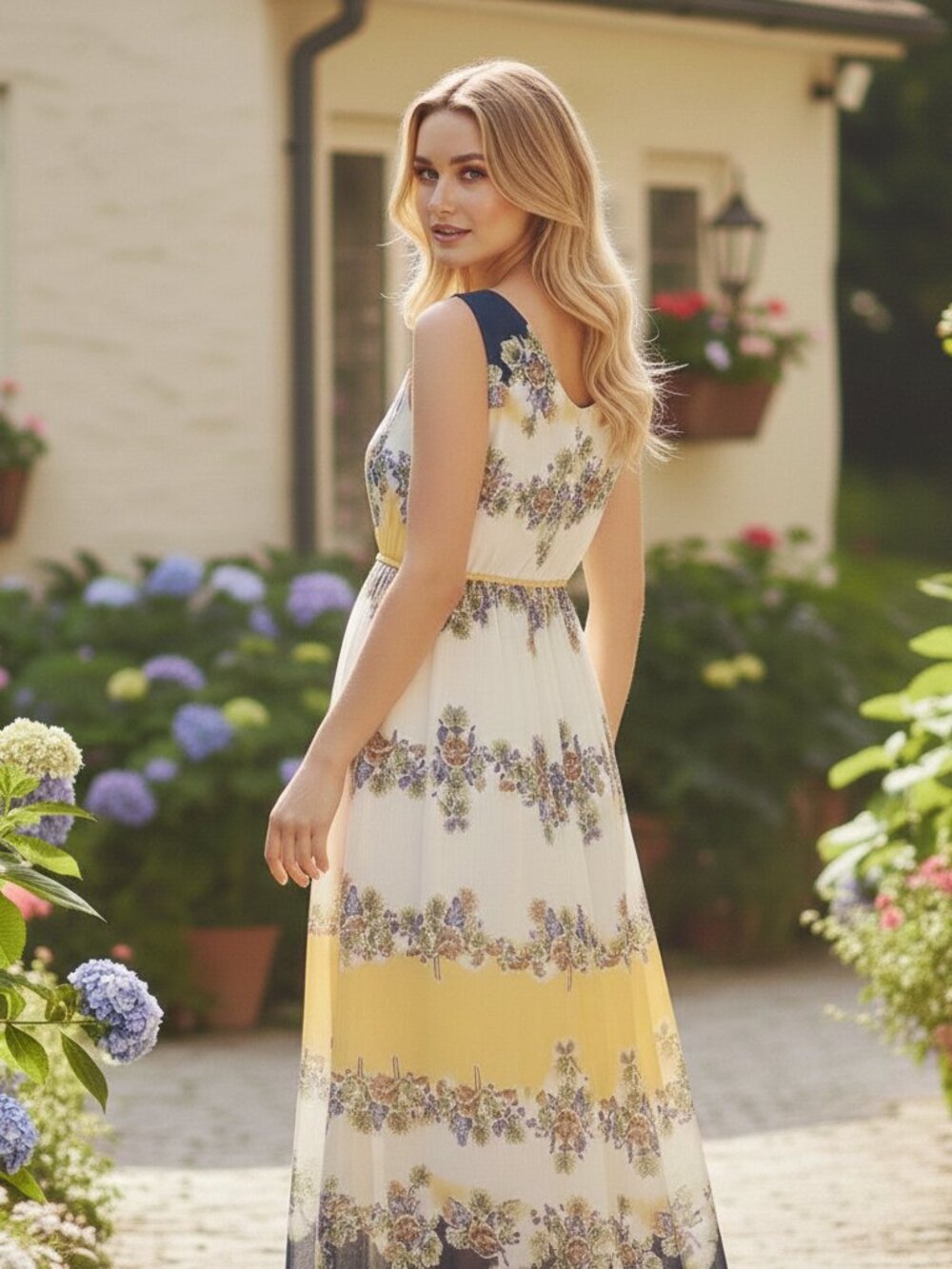 Floral Maxi Dress Sleeveless A Line Cottagecore Romantic Feminine Yellow - Picture 6 of 8